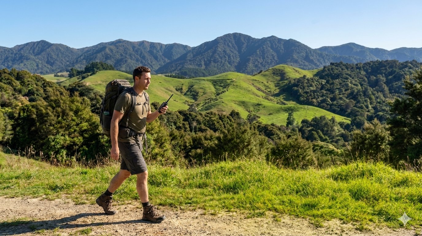Hiker using a PTT radio in the New Zealand backcountry