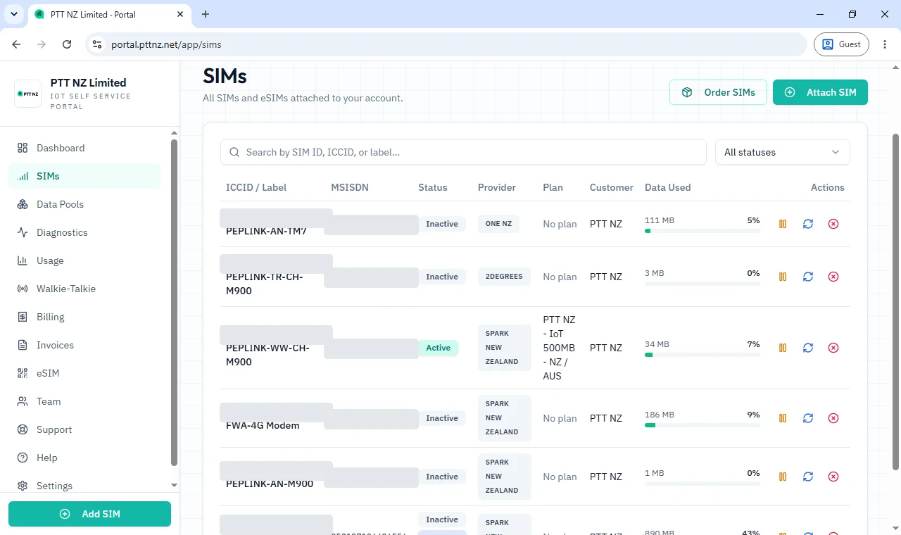 Customer self-service SIM management table, ICCID and MSISDN details blurred for privacy
