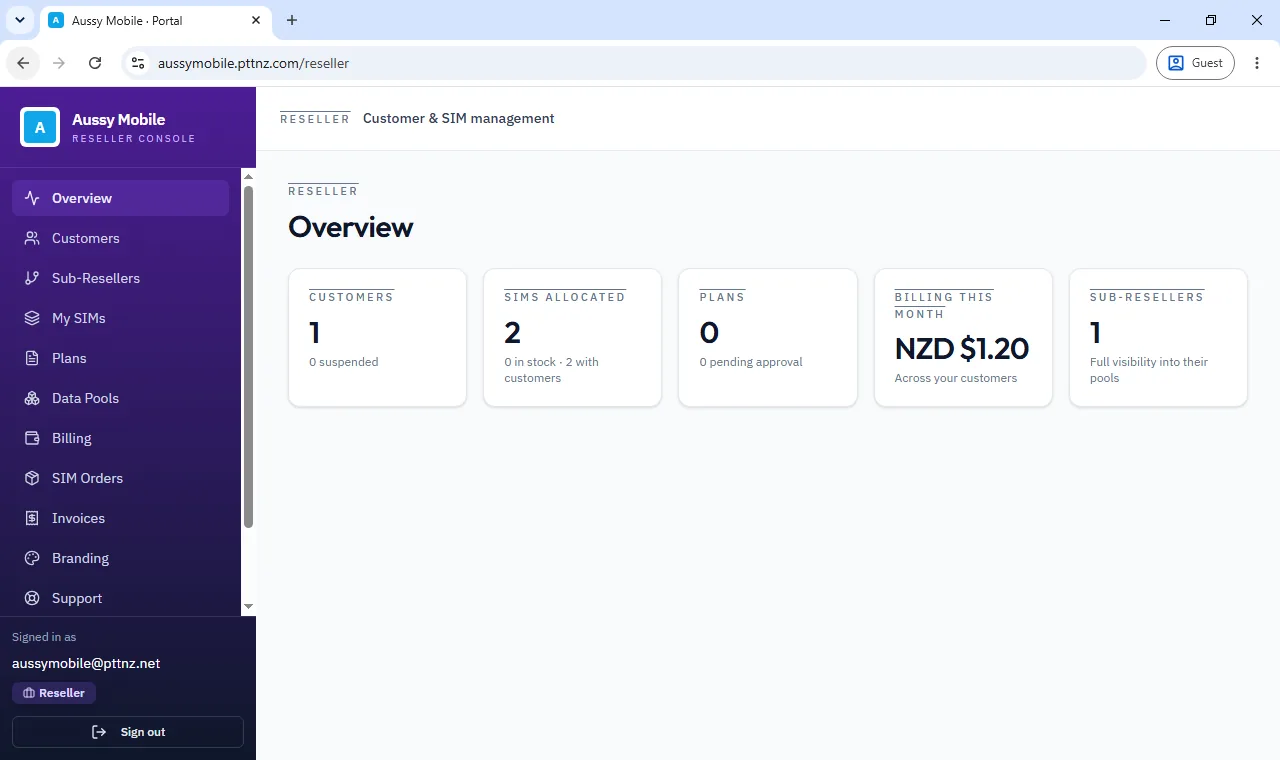 Reseller console overview showing customers, allocated SIMs, billing and sub-reseller visibility